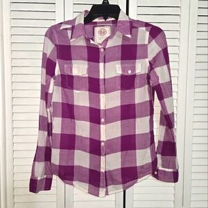 So Women's M Perfect Shirt Purple and White Plaid Button-Up